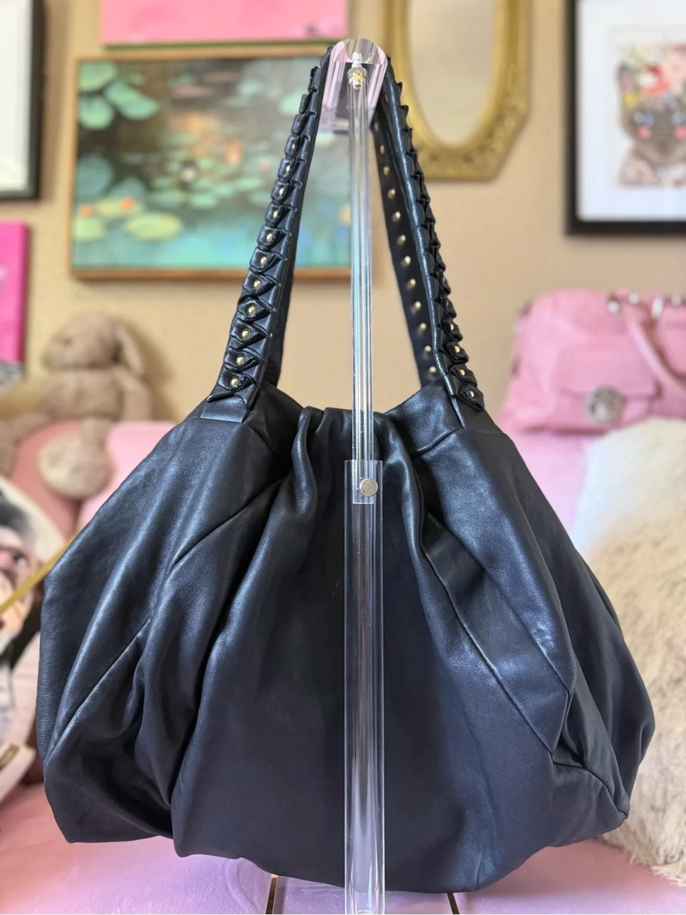 Authentic Diane Von Furstenburg SOFT Blk Leather Hobo Stud-Detail Origami Straps
